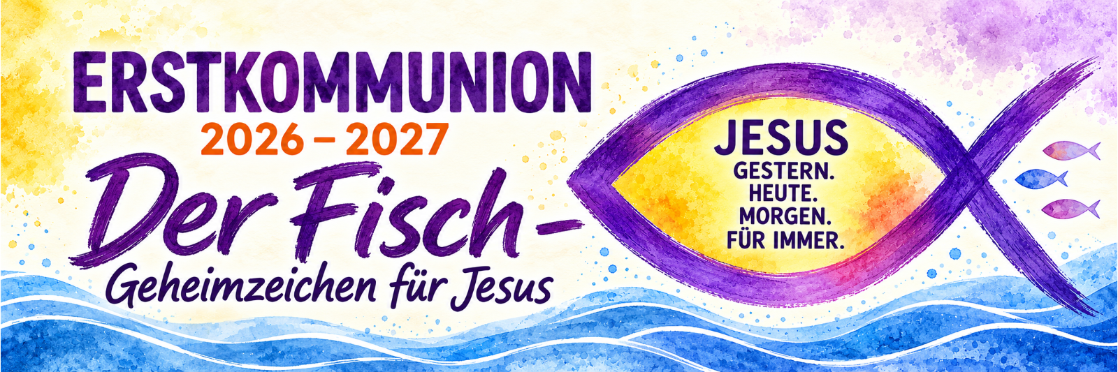 Erstkommunion-Banner mit Ichthys und Wellen